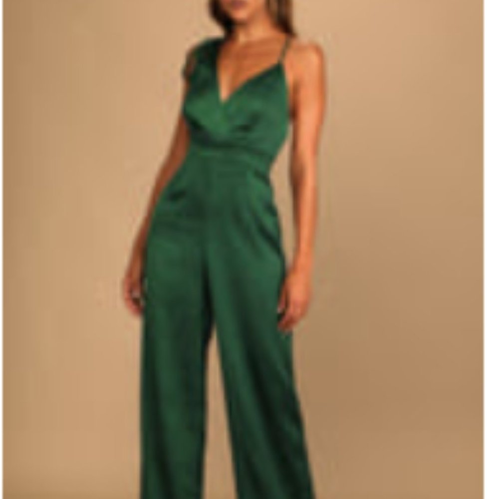 Look of Luxe Emerald Green Satin Asymmetrical Wide-Leg Jumpsuit